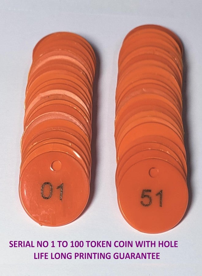 موريل عملة معدنية دائرية الشكل برتقالية اللون من البلاستيك المنقوش من موريل، مزودة بفتحة، للاستخدام في المتاجر، وألعاب الطاولة، والمنازل، والمدارس. | عملات معدنية مرقمة من 1 إلى 100. - Image 4